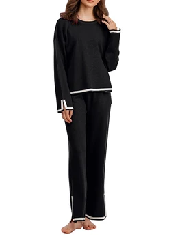 Дамски трикотажная облекло от 2 теми, пуловер с дълъг ръкав, пуловер, потник с широки панталони, комплект за почивка, есенни спортни костюми