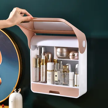 Стенен кутия за съхранение с огледало Кутия за съхранение на козметика Кутия за съхранение с голям капацитет Скрин за съхранение на червило Рафтове за продукти за грижа за кожата