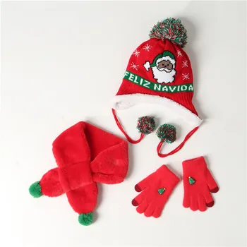 Коледен комплект от 3 бр., детска шапка, шал, ръкавици, детска шапка за момичета, скъпа мультяшная вязаная шапка за момче, топли снежна детски шапки за подарък