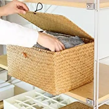 Ракита правоъгълна кошница за съхранение с капак, Ратанови кошница, органайзер за съхранение на рафт на гардероба, Домашна организация, контейнер за дрехи