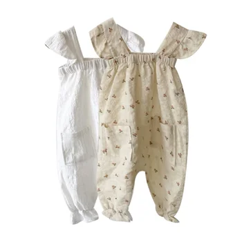 Летни дрехи за малките момичета, Гащеризон, Памук гащеризон с квадратна яка и без ръкави, Бяло, бежово, с цветен модел, гащеризон за новородено, E481