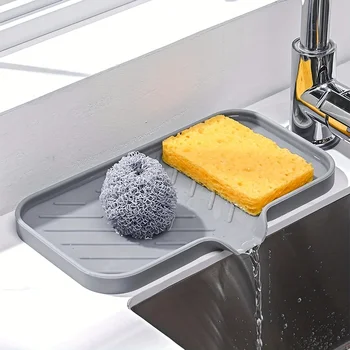 Мивка Силикон тиган С източване на Държач за сапун и гъба Плот Четка за почистване на мивки, Стелажи за съхранение на сапун Кухненски Органайзер