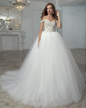 Vestido De Noiva Блестяща Бална рокля на принцеса с кристали, расшитое мъниста Сватбена рокля с кръгло деколте и Къс ръкав, Бяла рокля