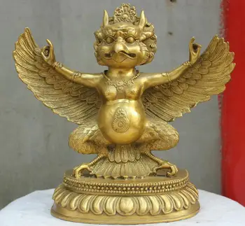 26 СМ Китай Тибетския Будизъм Бронзов Краснокрылый Garuda Птица Орел Статуя на Буда