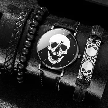 4шт Мъжки Черен часовник с изображение на череп Дизайн на циферблата Луксозен, Кожена каишка, Кварцов часовник Ежедневни Спортни часовници Relogio