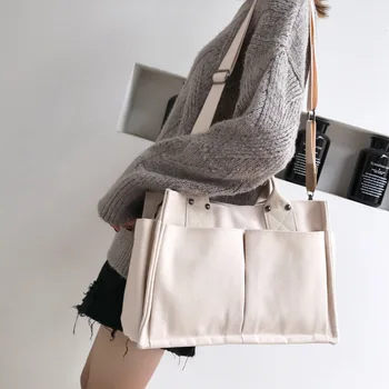 Дамски ежедневни холщовая чанта през рамо С външни джобове, чанти-незабавни посланици през рамо, портмонета от плътен памучен плат, чанти за момичета