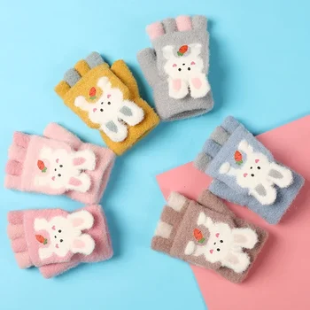 Crochet ръкавици за момичета, есен-зима, плюшени, издръжливи, на полпальца, за момичета, детски ръкавици с красиви мультяшными детски топли варежками