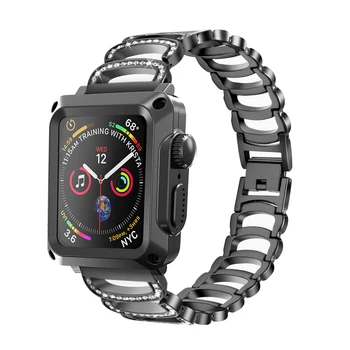 Диамантена каишка + калъф за Apple Watch 44 мм 42 мм 40 мм 38 мм Метална лента Стъклена филм за iwatch Серия 6 SE 5 4 3 2 1 Здрав калъф