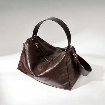100% Естествена кожа, дамски Чанти-на възглавница в ретро стил, 2024, Бостонские чанти от телешка кожа, с висококачествена чанта през рамо с рюшами