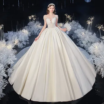 Апликация от мъниста, най-Добрите Френски сатен за сватбени рокли с влак, Сватбената рокля Mariage дантела, сватбени рокли принцеса
