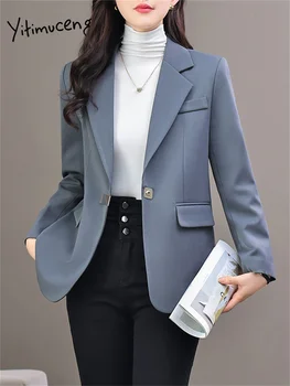 Yitimuceng Светло синьо блейзери за жени 2023, Новата модерна офис дамско яке с дълъг ръкав, ежедневното финото палто на една пуговице