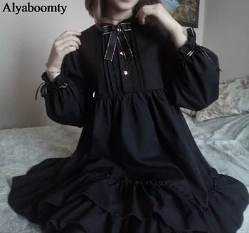 Японското Секси Черна рокля Harajuku С Волани, Ръкав-фенерче, Студент рокля в стил Лолита