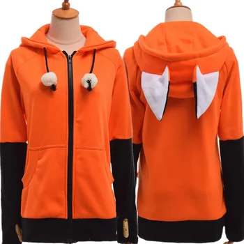 Костюм за cosplay с лисьими уши, яке с качулка, топло оранжево-hoody, hoody унисекс