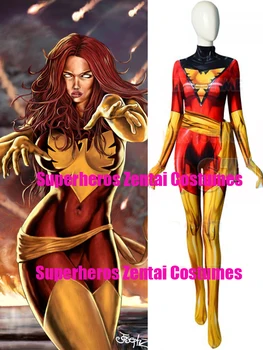 Висококачествени костюми за cosplay, Тъмен на Финикс с 3D принтом, Деним Грей в Женски костюм Zentai за X-men, боди, костюм от червено на феникса