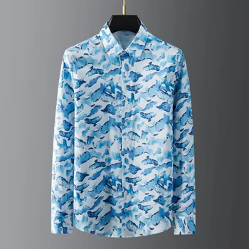 Мъжки ризи Minglu с дълъг ръкав, с високо качество сини мъжки ризи с повтарящ се принтом, модни дебнещ вечерни ежедневни мъжки ризи 3xl