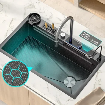 Кухненска мивка с водопад с цифров дисплей, Голям плувен басейн за миене на съдове от неръждаема стомана 304, мивка за измиване на зеленчуци, ръчно изработени