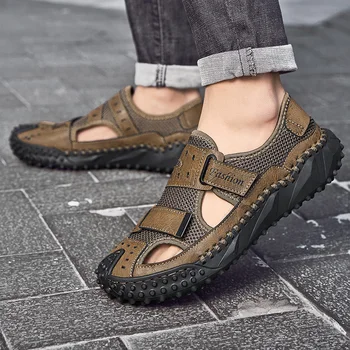 Мъжки дишаща мрежа обувки 2023, нови летни мъжки сандали на платформа със затворени пръсти, лека градинска мъжки ежедневни обувки с устната за пеша