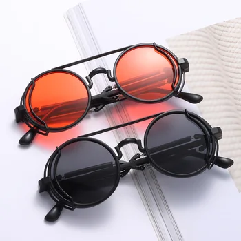 Слънчеви очила в стил пънк-парни машини с двойни кутия пролетта висками, слънчеви очила са в готически стил, Модни Кръгли слънчеви очила, мъжки очила с UV400