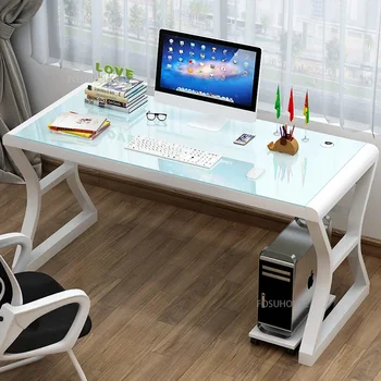 Модерен настолен компютър, лаптоп, маса за игра в домашна спалня, маса за киберспорта, студентски работно бюро, Компютърна игрална маса от закалено стъкло