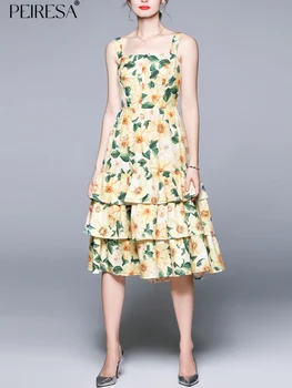 Празнични рокли PEIRESA с флорални принтом на спагети презрамки за жени 2023, Лятно нова рокля Миди с квадратна яка и без ръкави, Vestidos