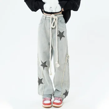 Широки дънки с бродерия под формата на звезди, Дамски Летни Директни широки панталони с завязками, дънкови Свободни панталони Оверсайз Y2K, градинска облекло