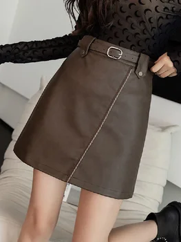 Есен-Зима 2023, Корейската стилна пола, от изкуствена кожа трапецовидна форма, с висока талия, дамски модни мини-полата