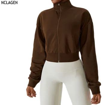 NCLAGEN, палта с дълъг ръкав с цип, спортен пуловер, топъл пуловер за фитнес, всекидневни пуловер За жени, тренировки във фитнеса, Светкавица, Есен-зима