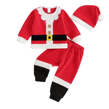 Коледен костюм на дядо коледа за деца в контрастен цвят, с кръгло деколте, блузи с дълги ръкави, Панталони, шапка