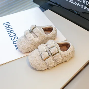 Зимна нова детски обувки на плоска подметка с кожа пръсти, лека приятна детска ежедневни обувки 2024 г., плюшен топло нескользящая удобни обувки за почивка за момичета