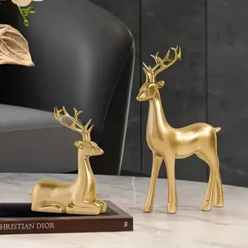 2 елемента. Скулптура на елен от златната смола, Коледни статуи Лосове, Декоративни дисплеи за домашния офис за дневна, работен плот, шкафове