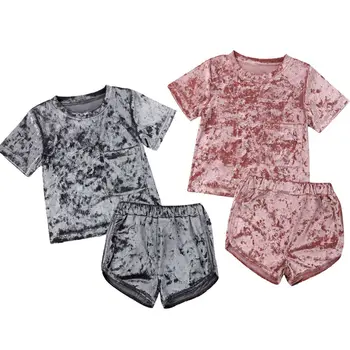 Комплекти дрехи за малки момчета и момичета, кадифе, обикновена тениска, потник + къси панталони, спортни комплекти