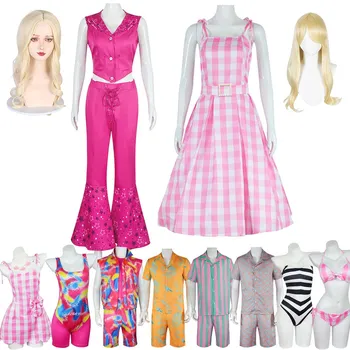 Комплекти дрехи за двойки, момчета и момичета, комплект дрехи Ken Barbi, жени, мъже, Розова рокля в клетката, коледен костюм за Хелоуин, подходящо облекло за семейството