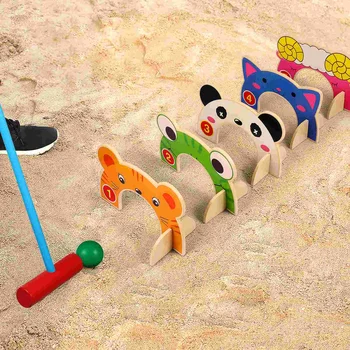 Детски комплект за игра на крокет с мультяшными дървени животни, набор от играчки за игра на крокет, забавни игри на поляната за момчета и момичета