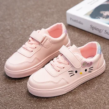 Ежедневни обувки за малки деца с сладък котка, бял на розови обувки за момичета, непромокаеми обувки за момичета 25-36, директна доставка