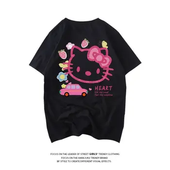 Sanrio Hello kitty, лятна памучен тениска с къси ръкави за момичета и момчета с хубави модел от карикатура, топ