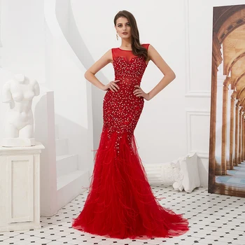 XJKDY Червени вечерни рокли на Русалка за жени, луксозна вечерна рокля от Дубай, расшитое мъниста от пера и кристал