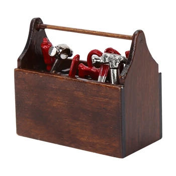 Мини кутия за инструменти, Миниатюрен набор от инструменти, аксесоари за кукла къща, Мини кутия за инструменти, дървен комплект инструменти, модел за аксесоари за кукла къща 1/12