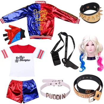 Хелоуин, детски костюми за cosplay Suicide Harley, яке-панталони Squad Куин Monster, Униформи за Коледно парти за момичета с перука, ръкавици