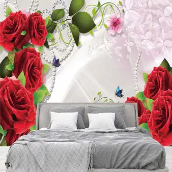 Изработена по поръчка на 3D голям стенопис, червена роза, романтични и топли фотообои, тапети за стените на сватба у дома