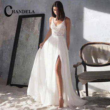 Доброто шифоновые сватбени рокли трапецовидна форма със странична цепка, апликация с V-образно деколте, бретельки-спагети по поръчка, Vestido De Casamento