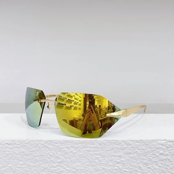 Нови Метални Полигональные Дамски Слънчеви очила Без рамки 555, Висококачествени Мъжки слънчеви очила, Жълти светлоотразителни лещи, Анти-UV400, Сребристо-Синьо