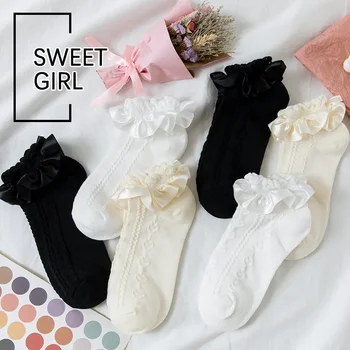 Дамски чорапи, Обикновена Черни Бели Чорапи с кружевными къдри в стил Лолита, Летни Тънки Къси Чорапи в японски стил Kawaii Sweet Girls