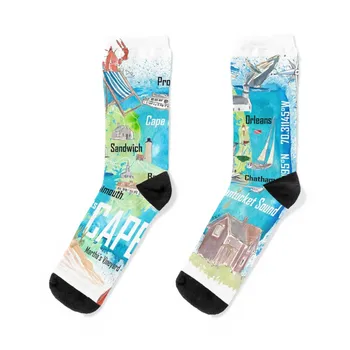 Илюстрирани карта на остров Кейп Код, Масачузетс, с туристически атракции топли Чорапи мъжки зимни дамски Чорапи Мъжки