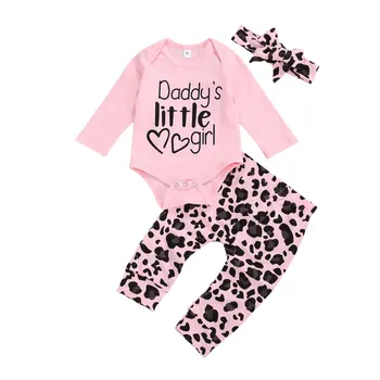 Citgeett Есен, 3 бр., дрехи за новородени момичета, пролетта гащеризон с дълги ръкави и надпис + Дълги панталони с леопардовым принтом + Комплект шапки с лък