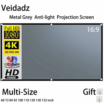Екран за Проектор VEIDADZ 16:9 Сиво Със Защита От Светлина 60-133 Инча, Черен Кант С Метален Отвор, Отразяваща Екран за Домашно Кино На закрито
