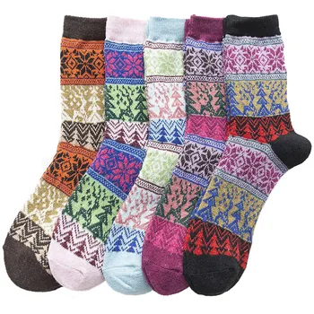 5 Опаковки за Женски Коледни Чорапи, Зимни Меки Творчески Цветни Весели Вълнени Чорапи студена Тел, Тънки Чорапи Дишащи.