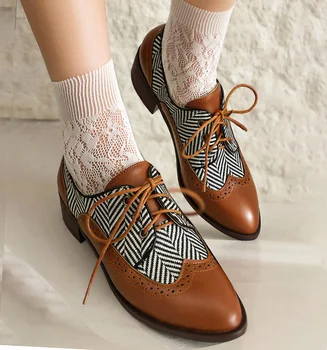 EAGSITY; кафяви кожени обувки в клетка в британския стил в стил ретро; дамски обувки-oxfords на блок обувки; маратонки за разходки на открито.