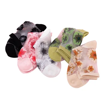 5 Двойки Женски прозрачни Чорапи Летни Прозрачни Чорапи от фина мрежа с кружевными цветя
