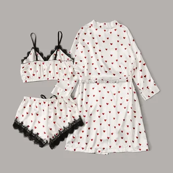 Голям размер 4XL, Лятно бельо спално бельо, сатен, комплект от 3 теми, Пижами Lady Print Love, кимоно, рокля, костюм със слингом и къси панталони, бельо