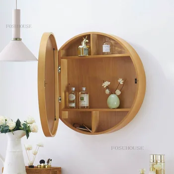Скандинавски мебели за дома от масивна дървесина, Огледални шкафове за баня, монтиран на Стената кръгло огледало за баня в малък апартамент с рафтове за съхранение на B